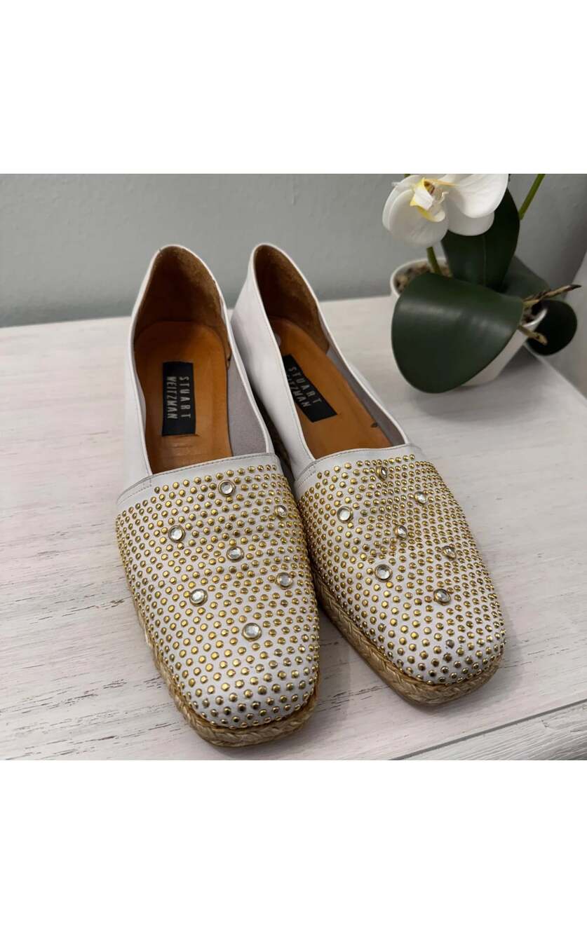 Stuart Weitzman Leather Stud & Rhinestone Embellished Wedges. Size 9 N.